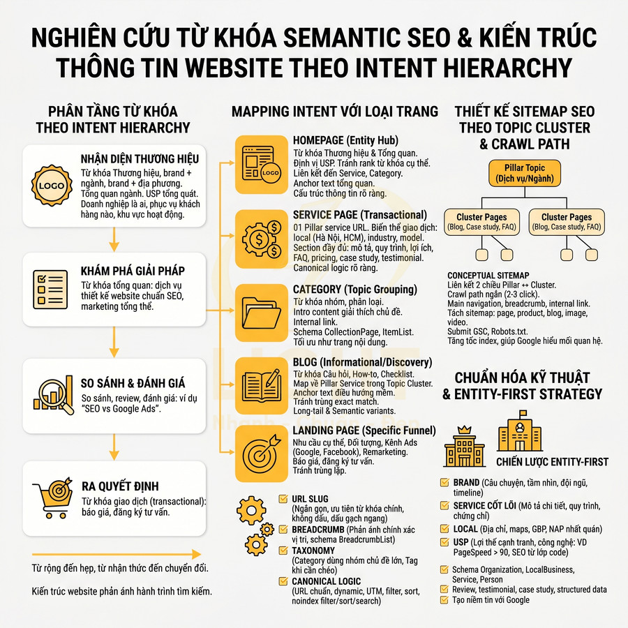 Nghiên cứu từ khóa semantic SEO và kiến trúc website theo intent hierarchy bằng sơ đồ chi tiết tiếng Việt