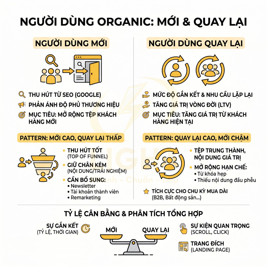 Infographic phân tích người dùng organic mới và quay lại, mục tiêu SEO, giữ chân khách hàng và tăng giá trị vòng đời