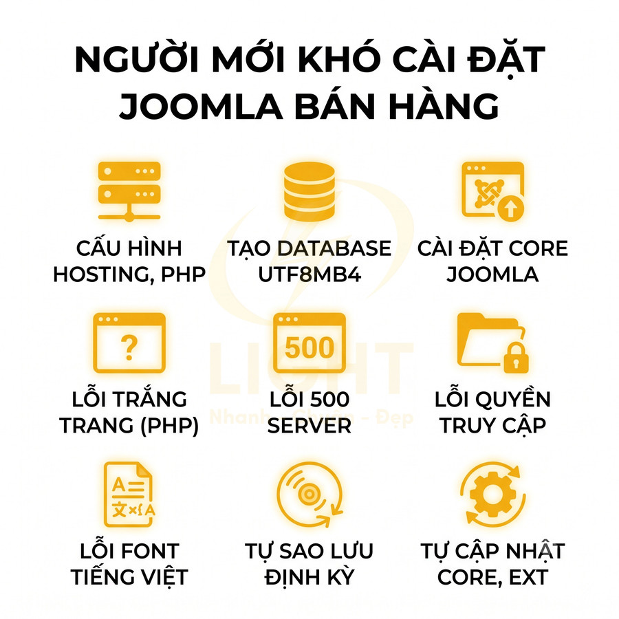 Các lỗi thường gặp khi cài đặt Joomla bán hàng như cấu hình hosting, database, lỗi 500, lỗi trắng, lỗi quyền truy cập