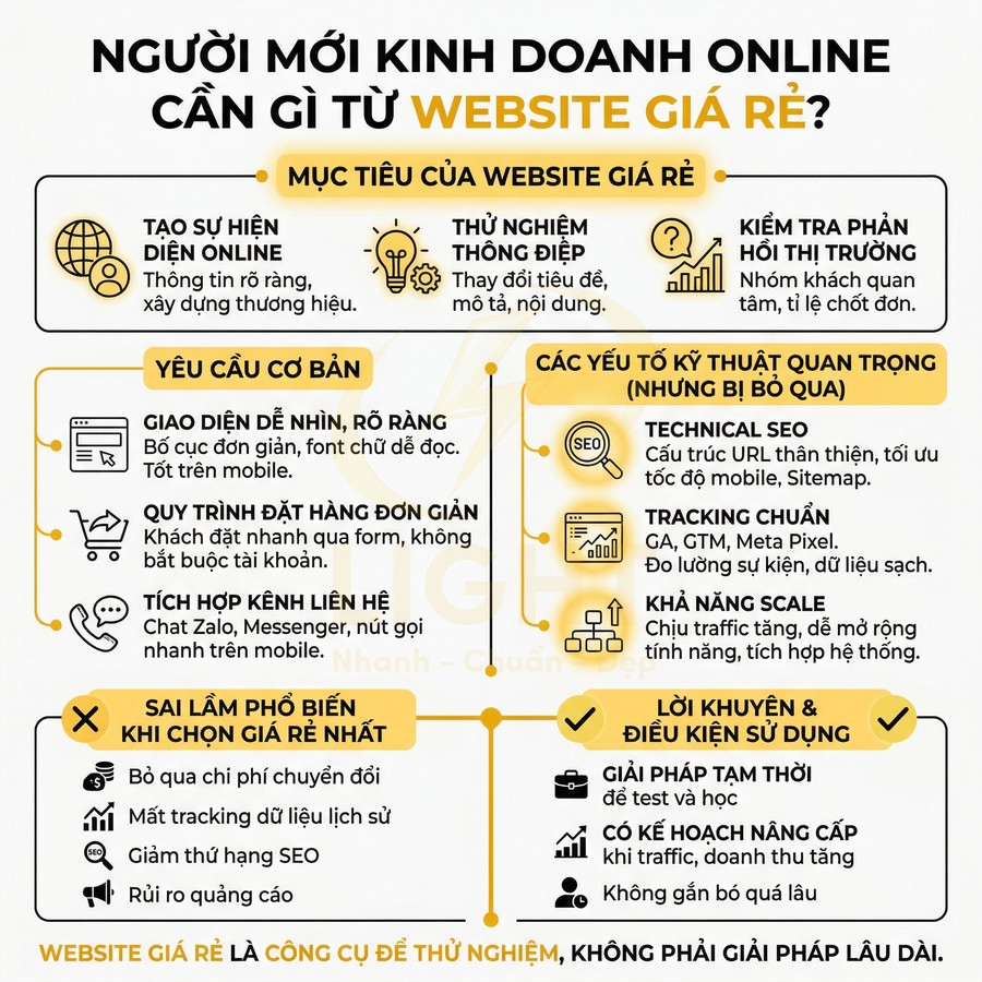 Infographic hướng dẫn người mới kinh doanh online chọn và sử dụng website giá rẻ hiệu quả