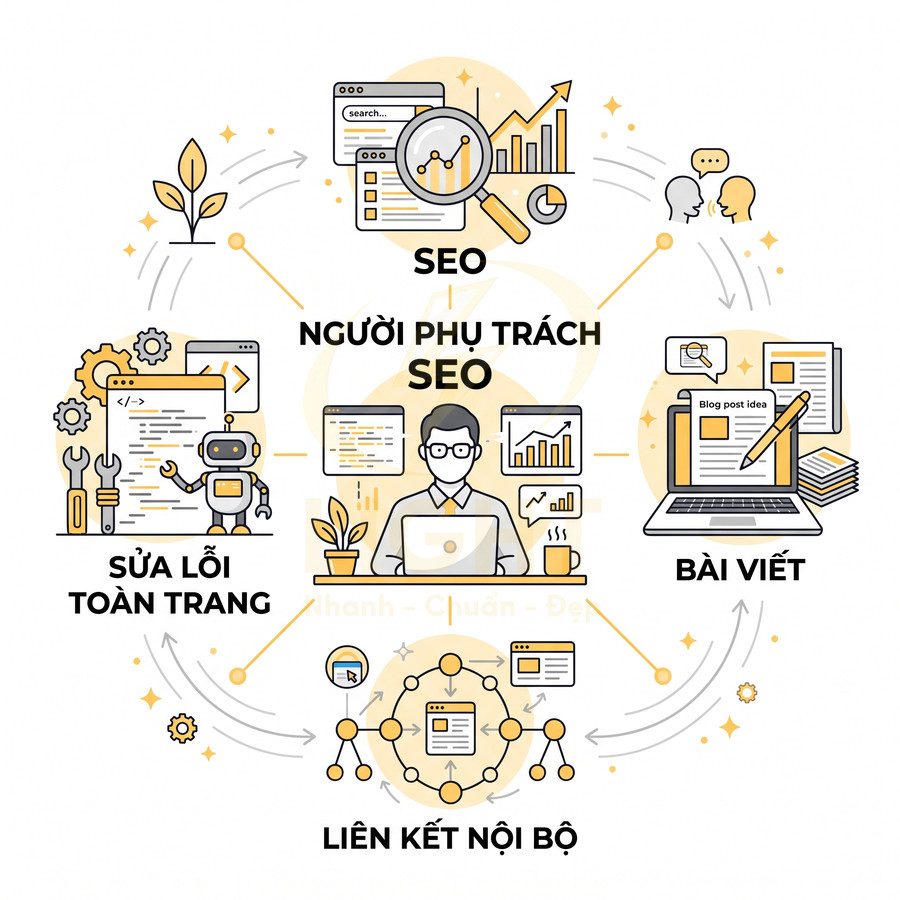Minh họa vai trò người phụ trách SEO với các nhiệm vụ bài viết, sửa lỗi toàn trang và liên kết nội bộ