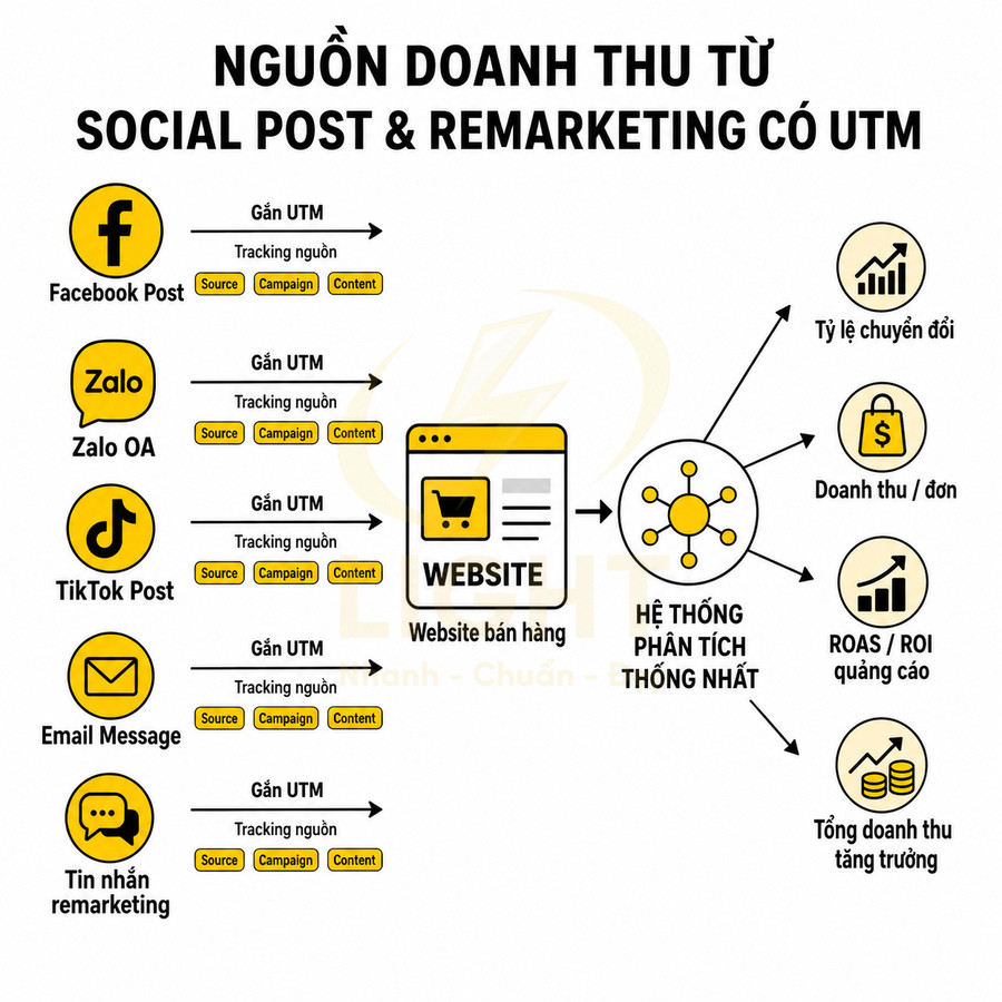 Sơ đồ nguồn doanh thu từ social post và remarketing gắn UTM đổ về website và hệ thống phân tích thống nhất