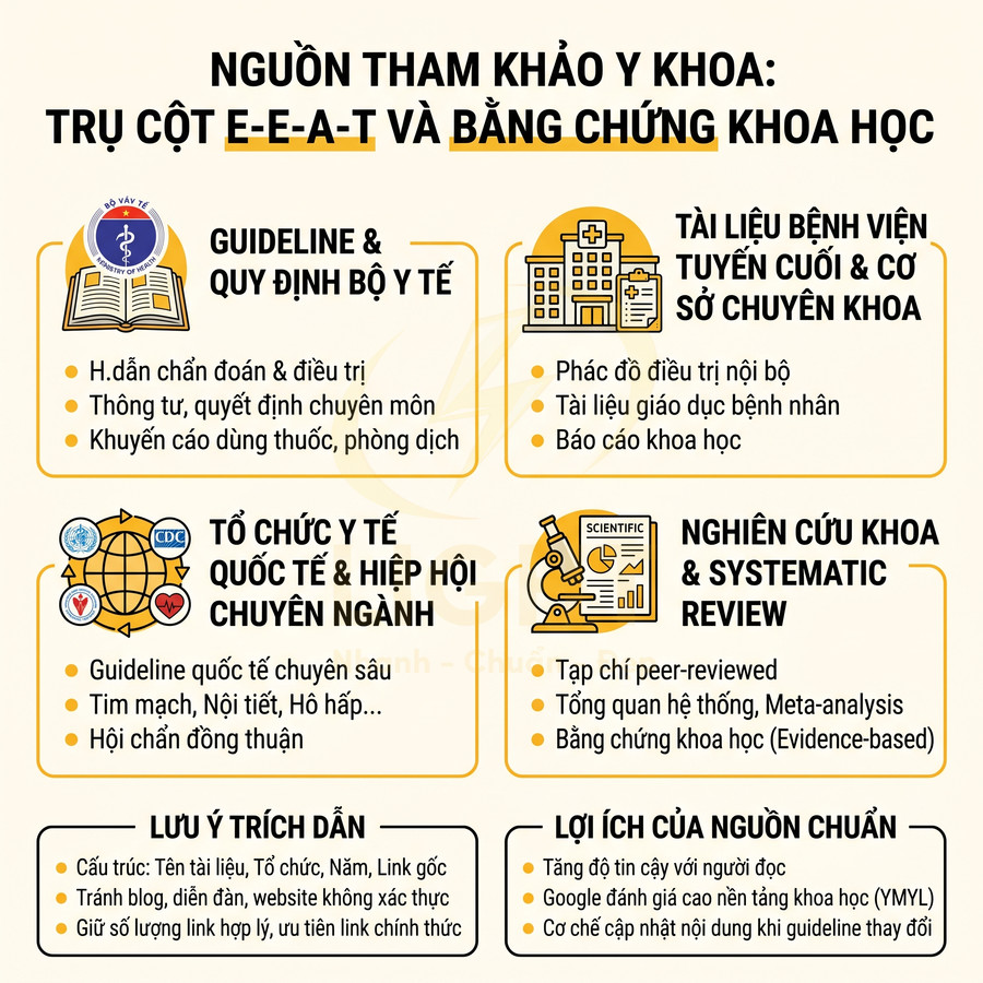 Nguồn tham khảo y khoa chuẩn E-E-A-T gồm guideline Bộ Y tế, tài liệu bệnh viện, tổ chức y tế quốc tế và nghiên cứu khoa học