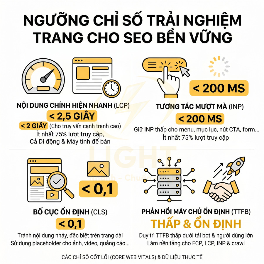 Infographic ngưỡng chỉ số trải nghiệm trang web cho SEO bền vững với LCP, INP, CLS và TTFB minh họa bằng icon trực quan