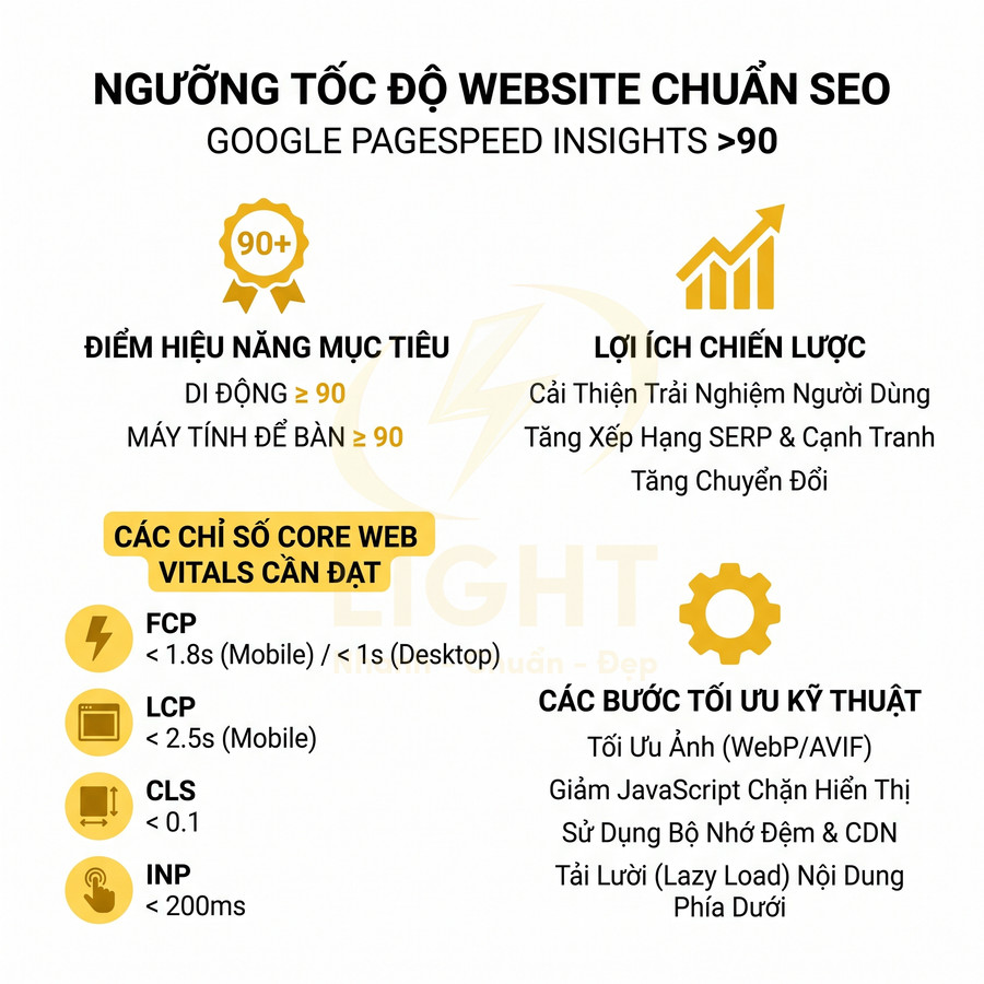 Ngưỡng tốc độ website chuẩn SEO với Google PageSpeed Insights, các chỉ số Core Web Vitals và bước tối ưu kỹ thuật