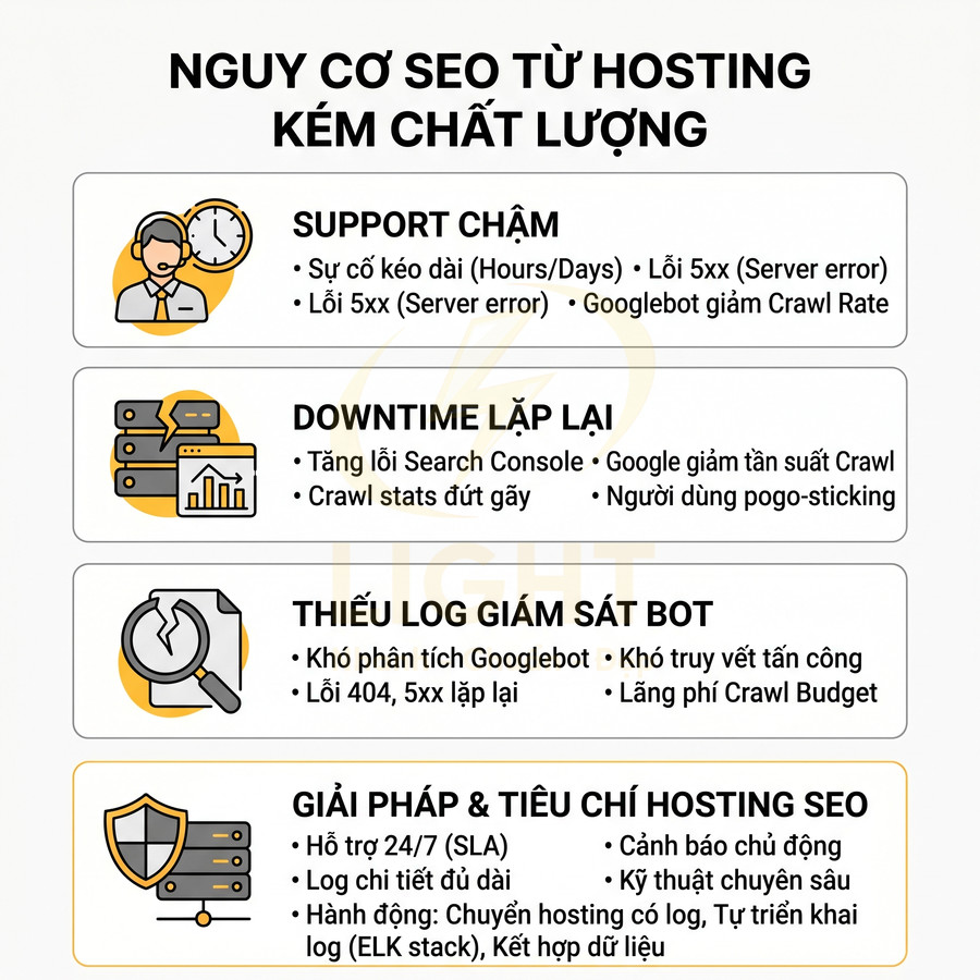 Infographic nguy cơ SEO từ hosting kém chất lượng và giải pháp tiêu chí chọn hosting chuẩn SEO