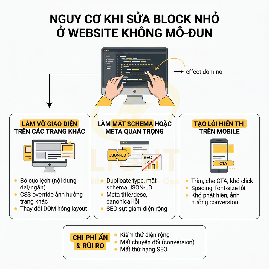 Nguy cơ khi chỉnh sửa block nhỏ trên website không mô đun gây vỡ giao diện, mất schema và lỗi hiển thị mobile