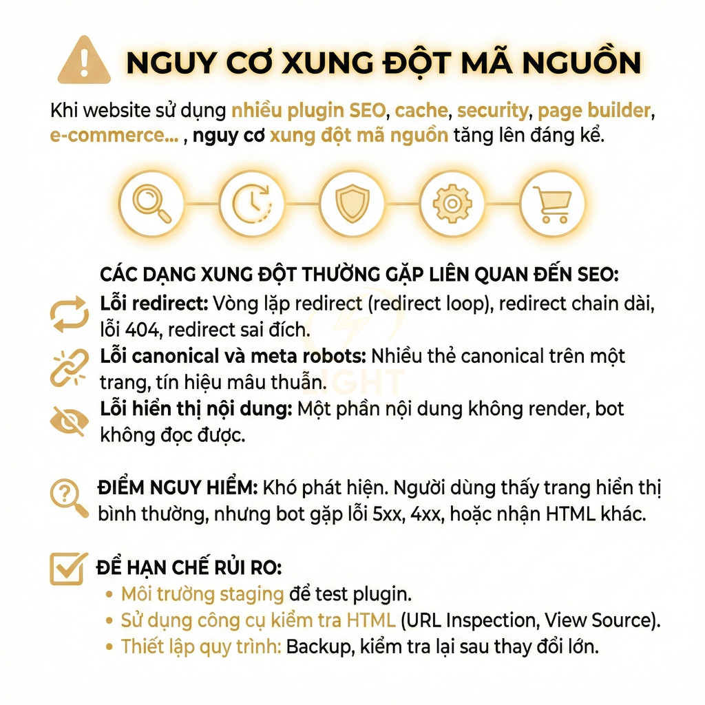 Infographic cảnh báo nguy cơ xung đột mã nguồn khi dùng nhiều plugin SEO và cách hạn chế rủi ro cho website