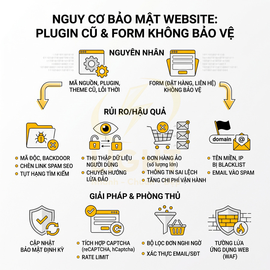 Infographic nguy cơ bảo mật website do plugin cũ và form không bảo vệ cùng rủi ro và giải pháp phòng thủ