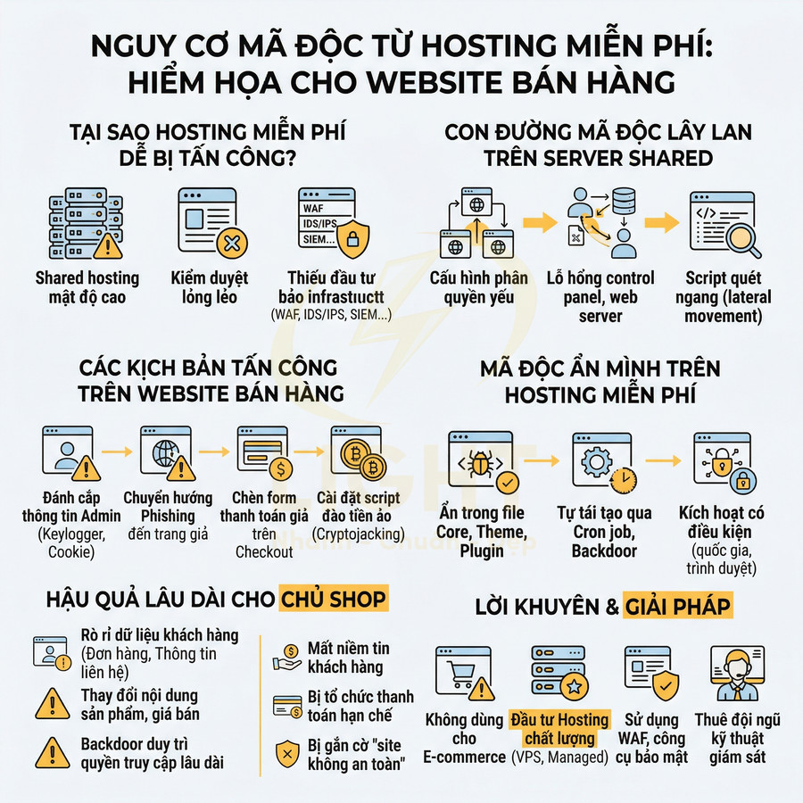 Infographic cảnh báo mã độc từ hosting miễn phí và khuyến nghị dùng hosting chất lượng cho website bán hàng