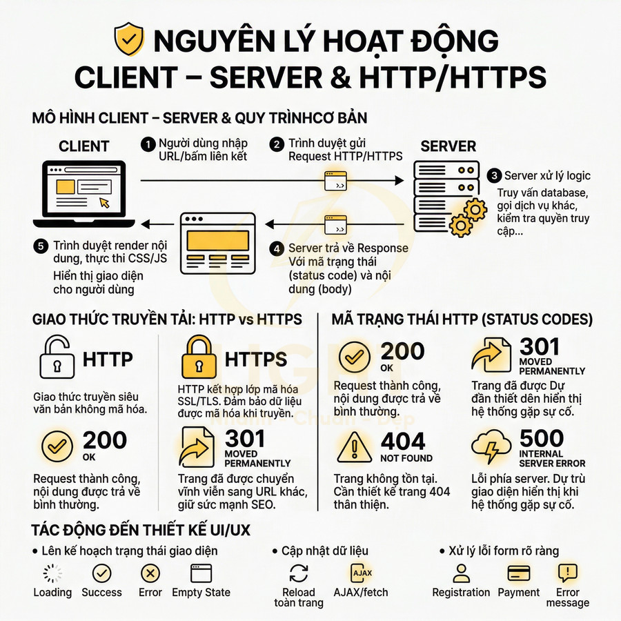 Infographic nguyên lý hoạt động client server, so sánh HTTP và HTTPS và các mã trạng thái HTTP phổ biến