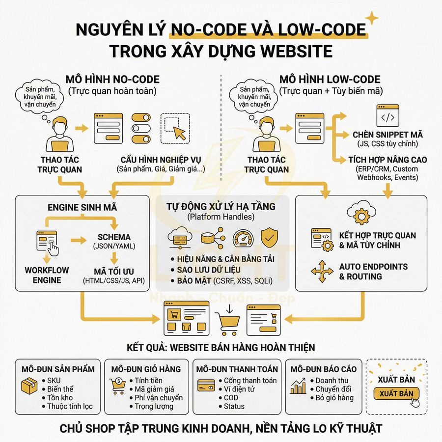 Infographic nguyên lý no code và low code trong xây dựng website bán hàng với các mô-đun sản phẩm, giỏ hàng, thanh toán