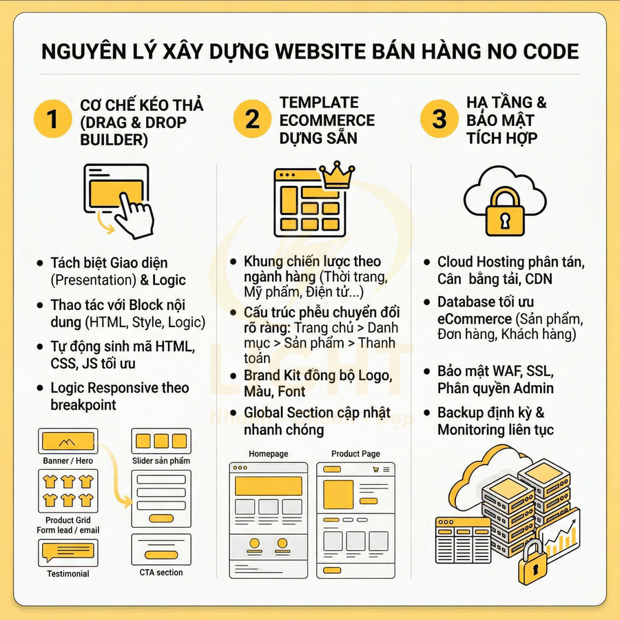 Nguyên lý xây dựng website bán hàng no code với kéo thả, template ecommerce sẵn và hạ tầng bảo mật tích hợp