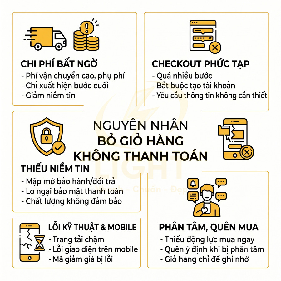 Nguyên nhân khách bỏ giỏ hàng không thanh toán trong ecommerce như chi phí bất ngờ, checkout phức tạp, lỗi kỹ thuật