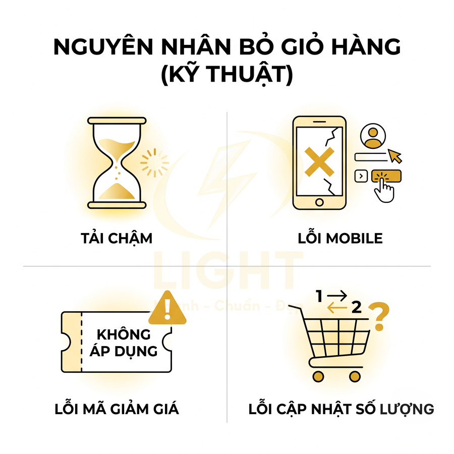 Nguyên nhân bỏ giỏ hàng kỹ thuật gồm tải chậm, lỗi mobile, lỗi mã giảm giá và lỗi cập nhật số lượng sản phẩm