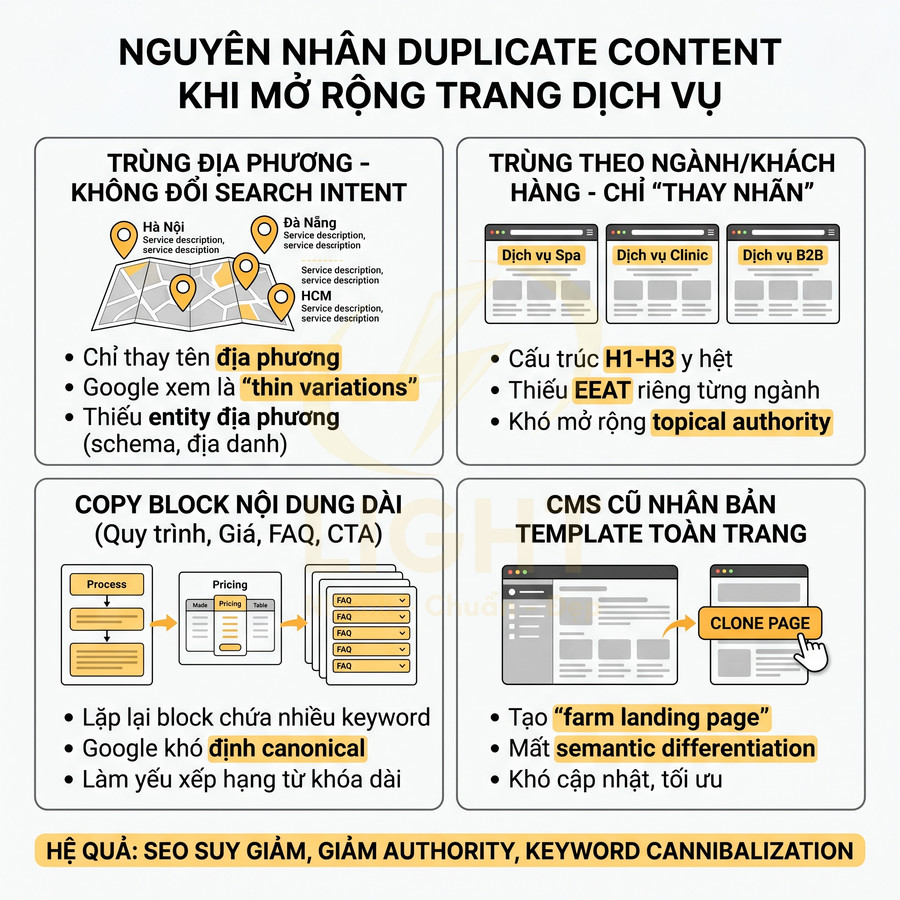 Infographic nguyên nhân duplicate content khi mở rộng trang dịch vụ và tác động xấu đến SEO, authority, keyword cannibalization
