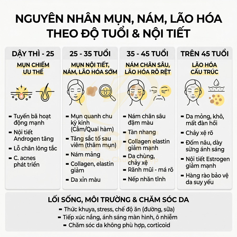 Nguyên nhân mụn nám lão hóa da theo độ tuổi và nội tiết, kèm lưu ý lối sống môi trường chăm sóc da