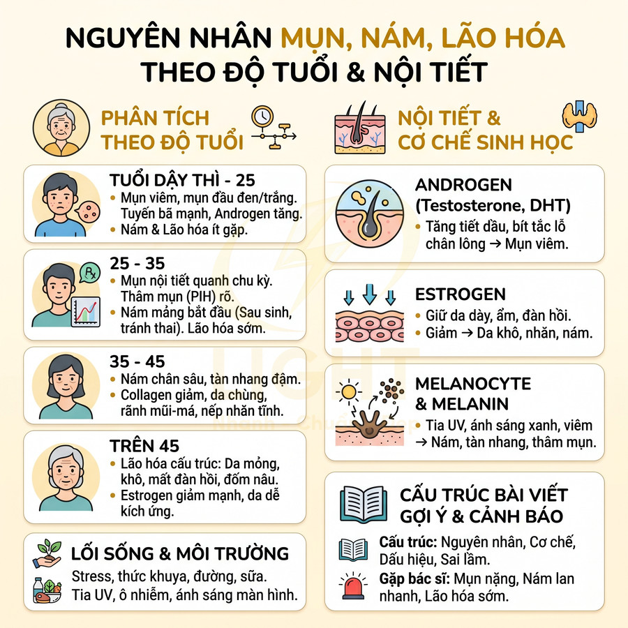 Infographic nguyên nhân mụn nám lão hóa da theo độ tuổi nội tiết tố và lối sống môi trường