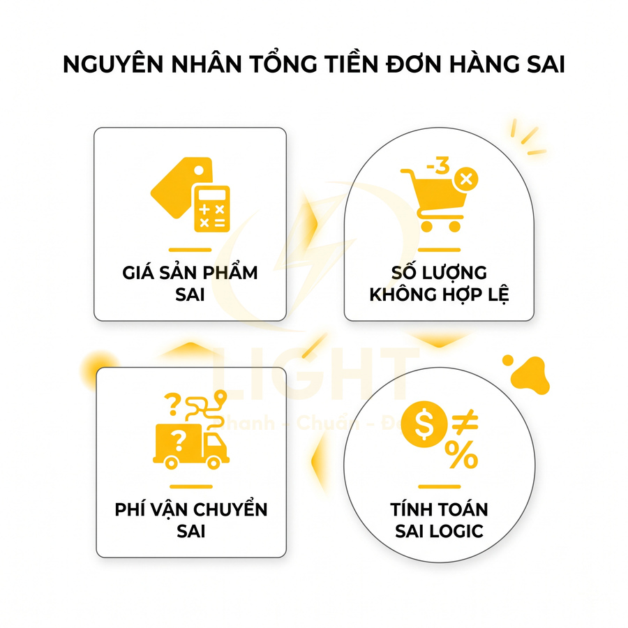 Nguyên nhân tổng tiền đơn hàng sai gồm giá sản phẩm sai, số lượng không hợp lệ, phí vận chuyển sai, tính toán sai logic