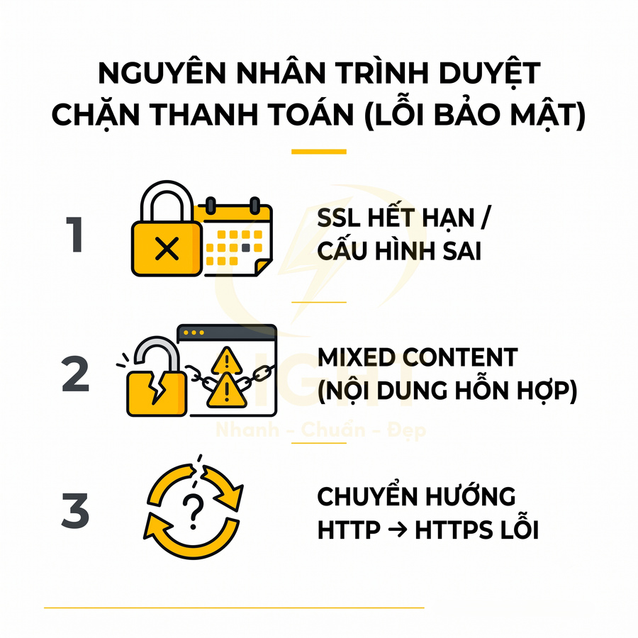 Nguyên nhân trình duyệt chặn thanh toán do lỗi bảo mật SSL hết hạn mixed content và chuyển hướng HTTP sang HTTPS lỗi