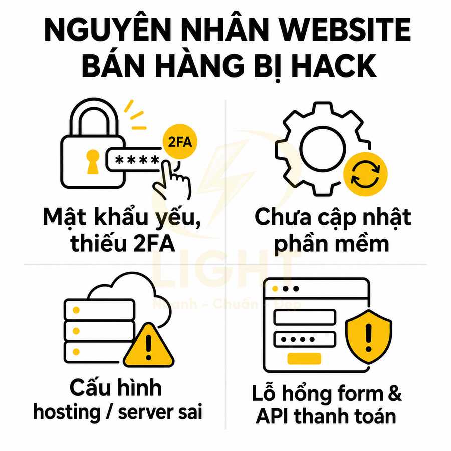 Nguyên nhân website bán hàng bị hack do mật khẩu yếu, thiếu 2FA, chưa cập nhật phần mềm, cấu hình hosting sai, lỗ hổng form và API