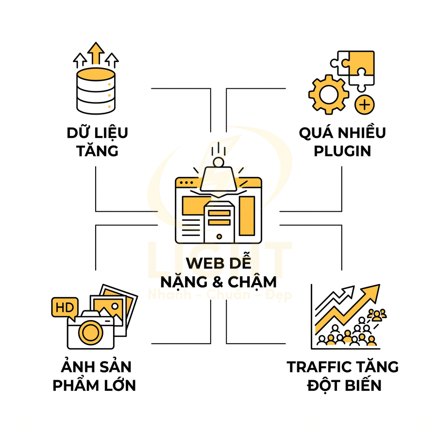 Minh họa các nguyên nhân khiến website nặng và chậm như dữ liệu tăng, nhiều plugin, ảnh sản phẩm lớn, traffic tăng đột biến