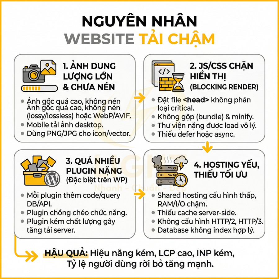Nguyên nhân website tải chậm do ảnh nặng, JS CSS chặn hiển thị, quá nhiều plugin và hosting yếu