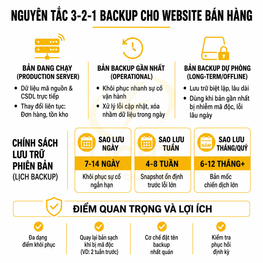 Nguyên tắc 3 2 1 backup cho website bán hàng với lịch sao lưu ngày tuần tháng và lợi ích chính