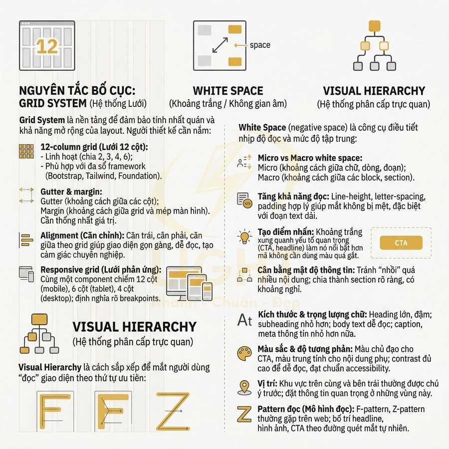 Infographic tiếng Việt về nguyên tắc bố cục grid system, khoảng trắng và hệ thống phân cấp trực quan trong thiết kế UI UX