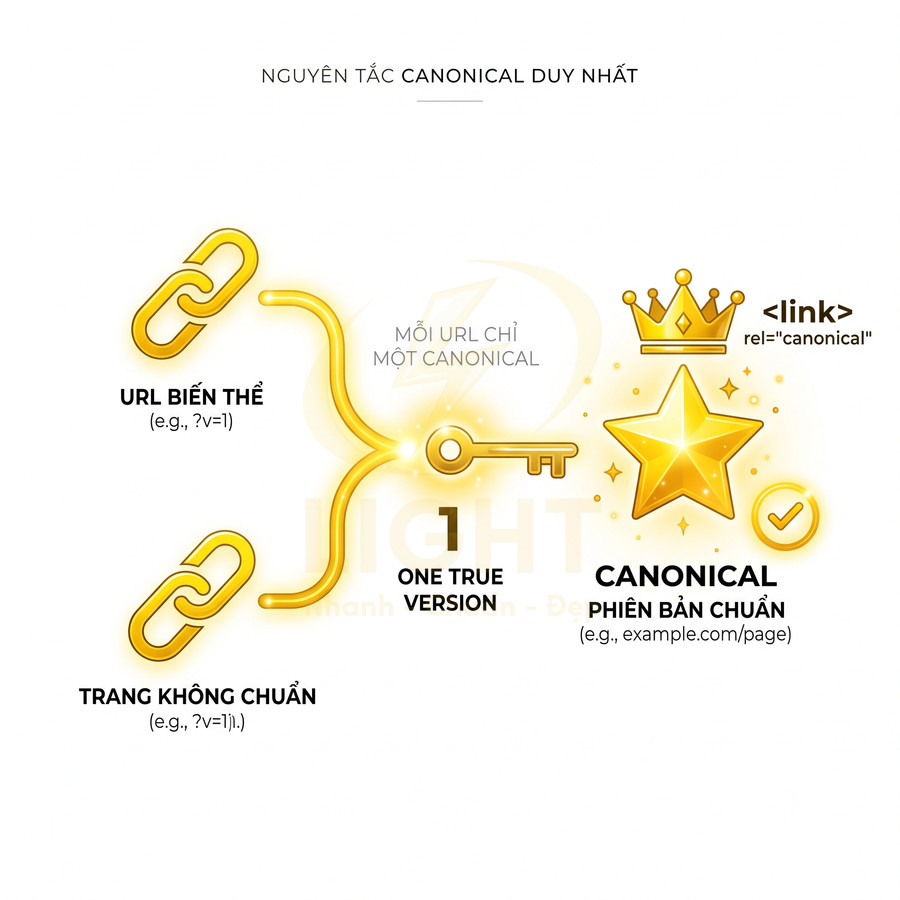 Minh họa nguyên tắc canonical duy nhất trong SEO, hợp nhất URL biến thể về một phiên bản chuẩn