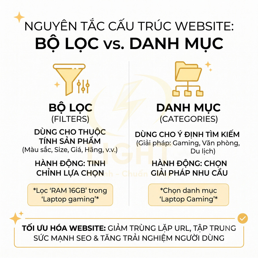 Nguyên tắc cấu trúc website so sánh bộ lọc sản phẩm và danh mục giúp tối ưu SEO và trải nghiệm người dùng