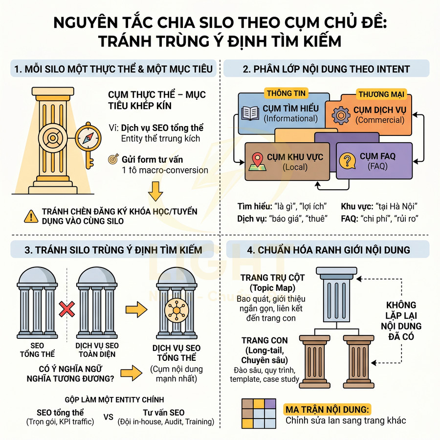 Infographic nguyên tắc chia silo nội dung SEO theo cụm chủ đề để tránh trùng ý định tìm kiếm