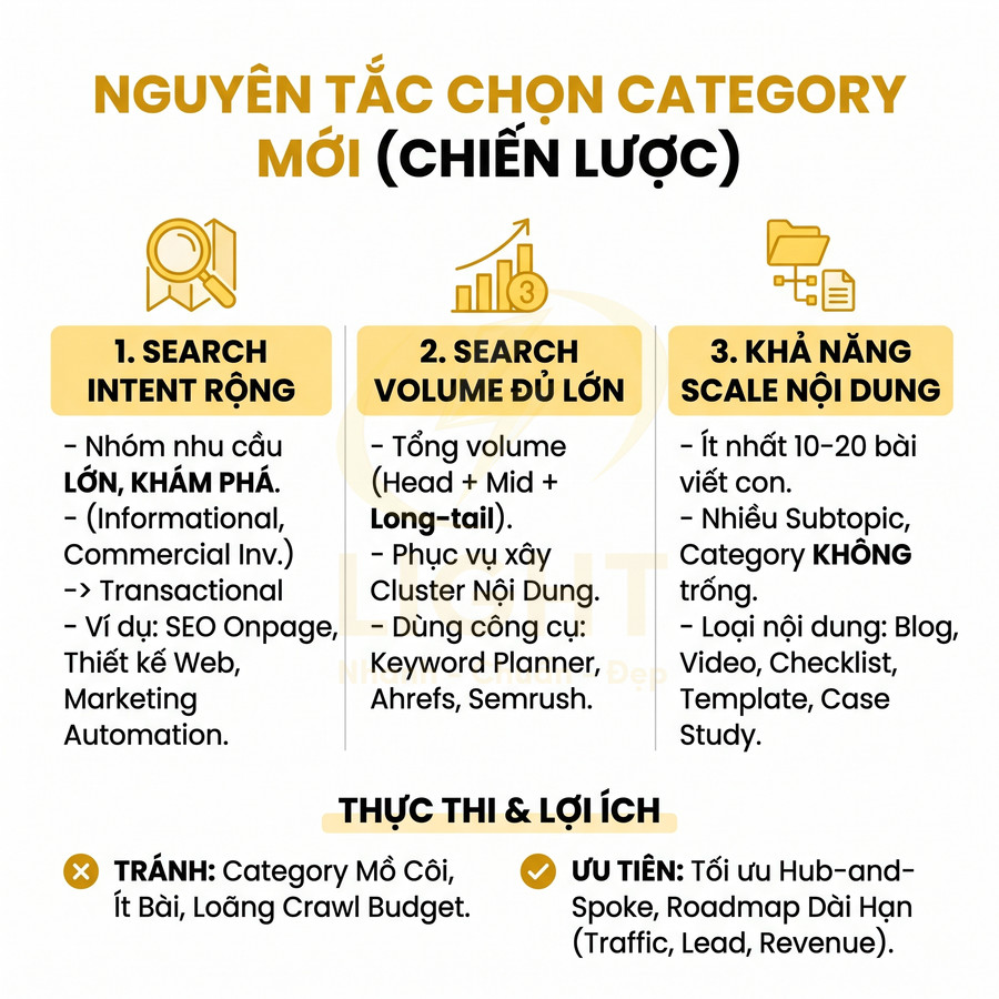 Nguyên tắc chọn category mới trong SEO với 3 tiêu chí search intent, search volume và khả năng scale nội dung
