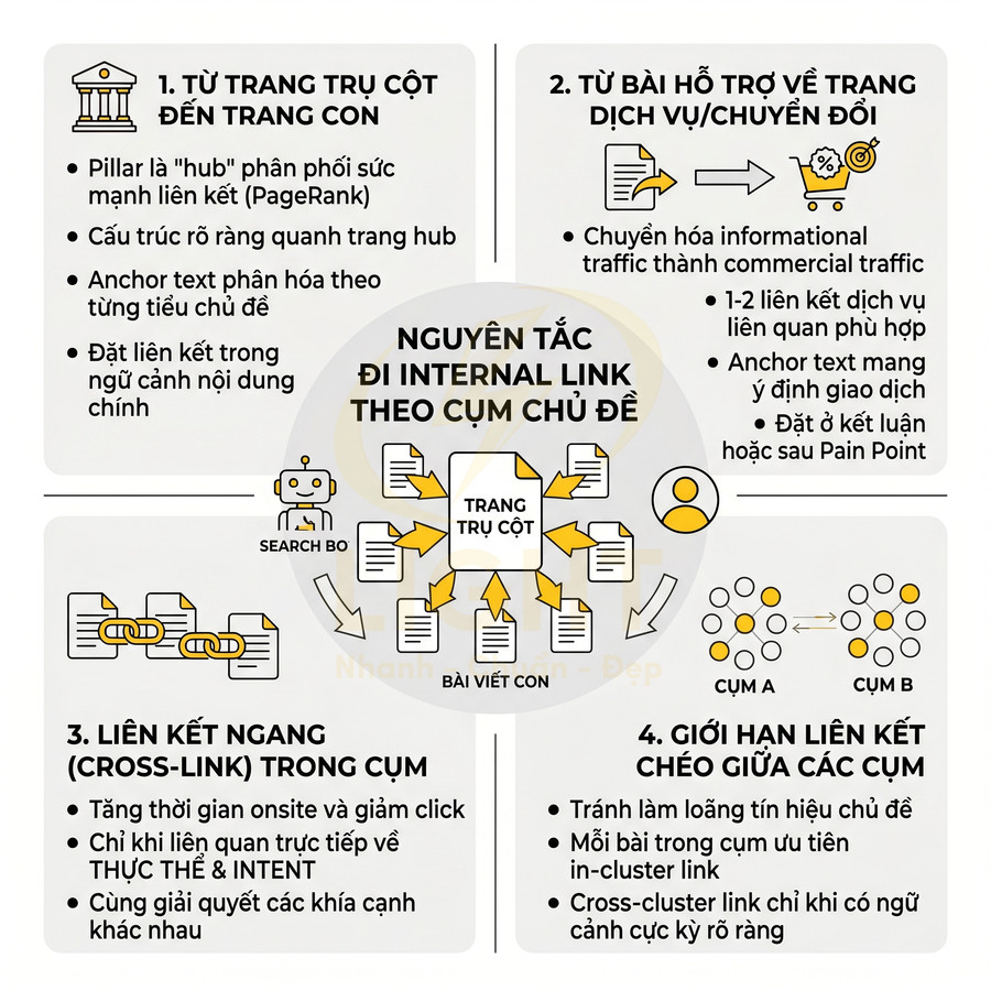 Sơ đồ nguyên tắc đi internal link theo cụm chủ đề với trang trụ cột, bài viết con và liên kết ngang trong SEO
