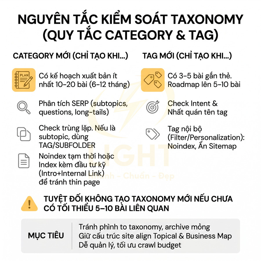 Nguyên tắc kiểm soát taxonomy cho category và tag trong cấu trúc website SEO tiếng Việt