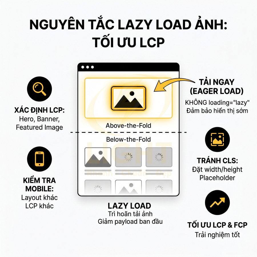 Nguyên tắc lazy load ảnh tối ưu LCP với eager load ảnh above the fold và trì hoãn ảnh below the fold