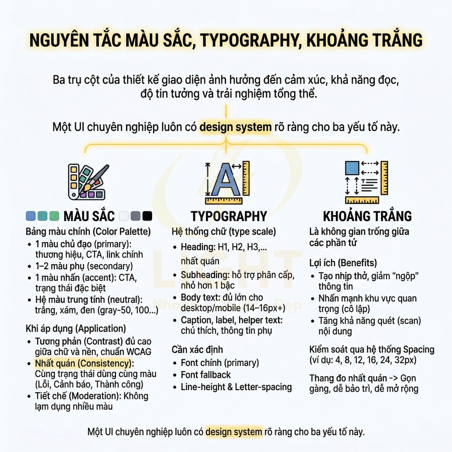 Nguyên tắc màu sắc, typography và khoảng trắng trong thiết kế UI, trình bày bằng infographic tiếng Việt