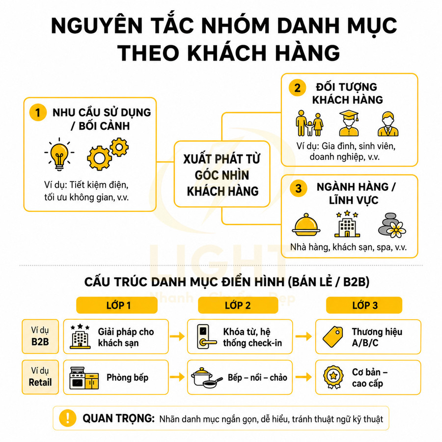 Nguyên tắc nhóm danh mục theo khách hàng và cấu trúc danh mục điển hình cho bán lẻ B2B bằng tiếng Việt