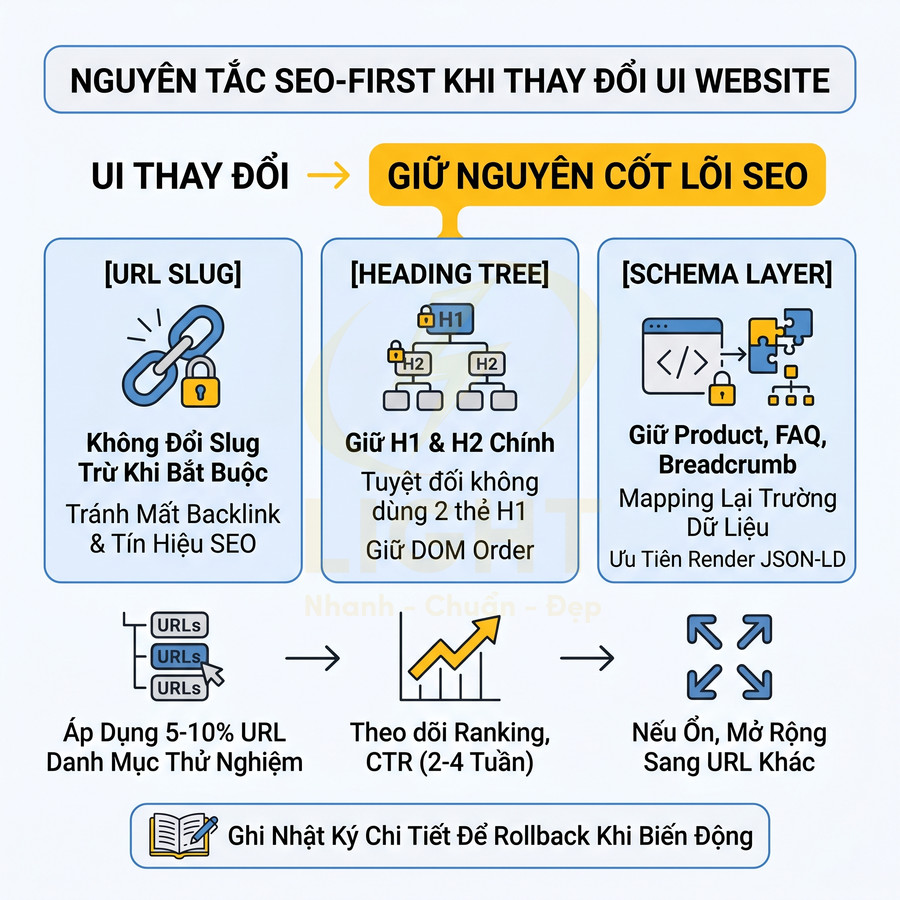 Nguyên tắc SEO first khi thay đổi UI website, giữ nguyên URL slug, heading H1 H2 và schema để bảo toàn thứ hạng