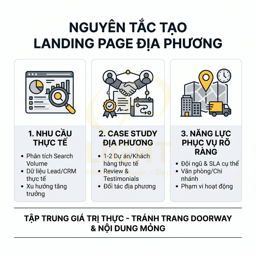 Nguyên tắc tạo landing page địa phương với ba bước nhu cầu thực tế, case study địa phương và năng lực phục vụ rõ ràng