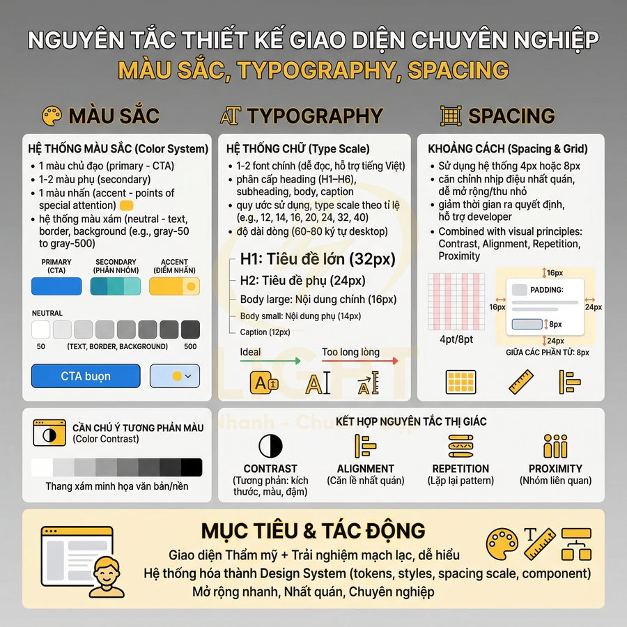 Nguyên tắc thiết kế giao diện chuyên nghiệp với hệ thống màu sắc, typography và spacing trình bày chi tiết bằng tiếng Việt