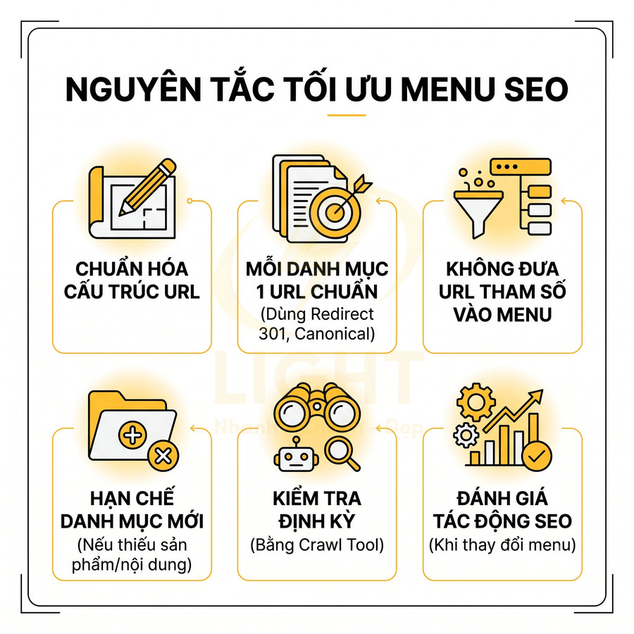 Nguyên tắc tối ưu menu SEO với các bước chuẩn hóa URL, hạn chế danh mục mới, kiểm tra định kỳ và đánh giá tác động SEO
