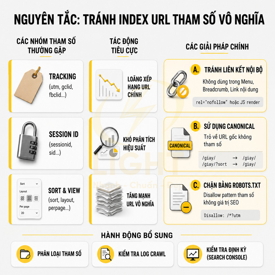 Nguyên tắc tránh index URL tham số vô nghĩa và giải pháp SEO với canonical, robots.txt, nofollow