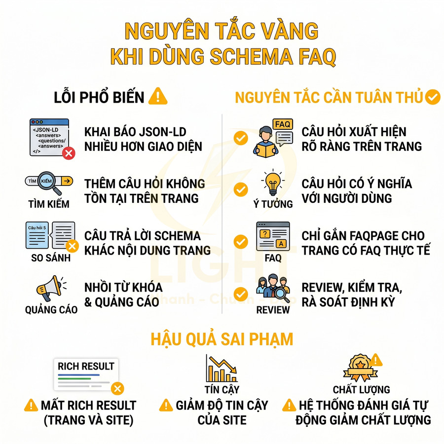 Nguyên tắc vàng khi dùng schema FAQ, liệt kê lỗi phổ biến, nguyên tắc cần tuân thủ và hậu quả vi phạm SEO