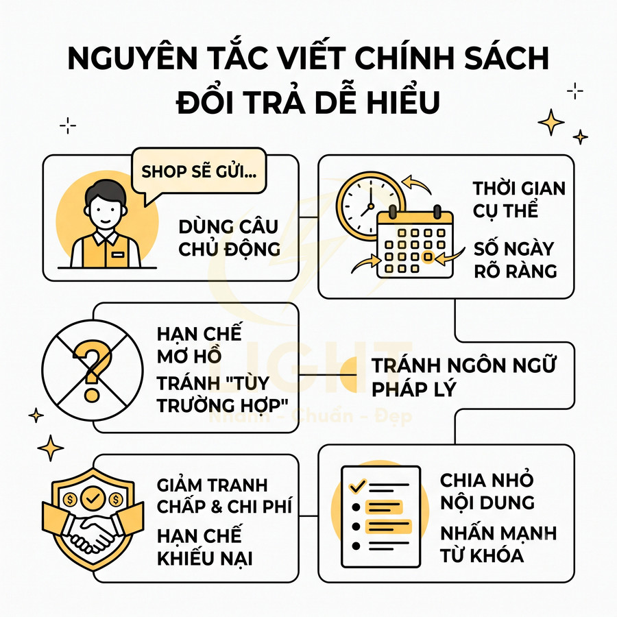 Nguyên tắc viết chính sách đổi trả dễ hiểu với gợi ý dùng câu chủ động, thời gian rõ ràng, hạn chế mơ hồ, tránh ngôn ngữ pháp lý