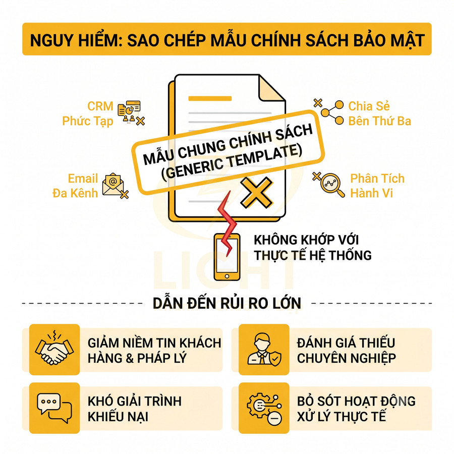 Infographic cảnh báo rủi ro sao chép mẫu chung chính sách bảo mật không phù hợp hệ thống doanh nghiệp