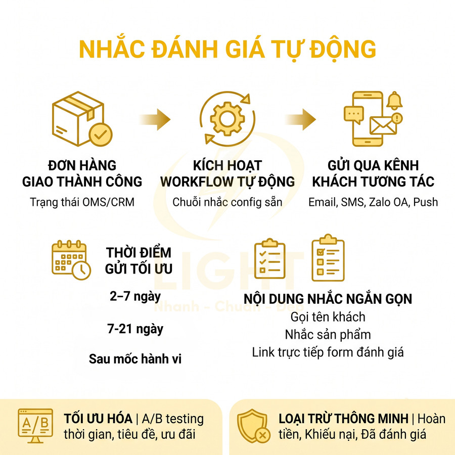Quy trình nhắc khách hàng đánh giá tự động qua email SMS Zalo OA sau khi đơn hàng giao thành công