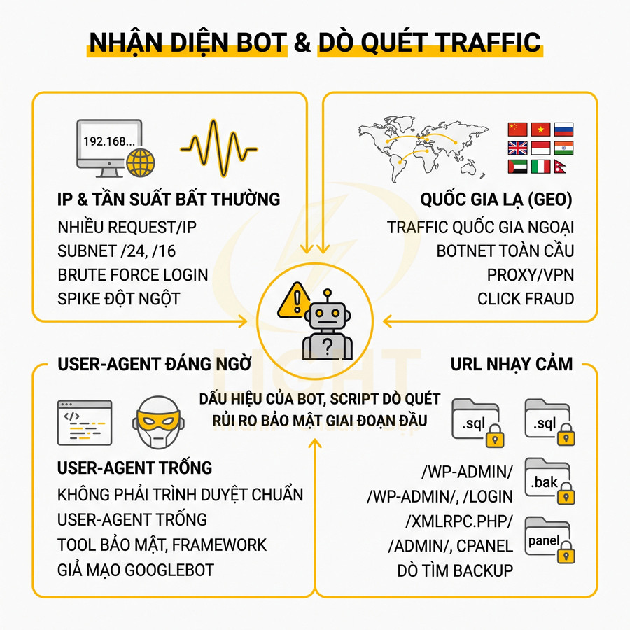 Nhận diện bot và dò quét traffic qua IP bất thường, quốc gia lạ, user agent đáng ngờ và truy cập URL nhạy cảm