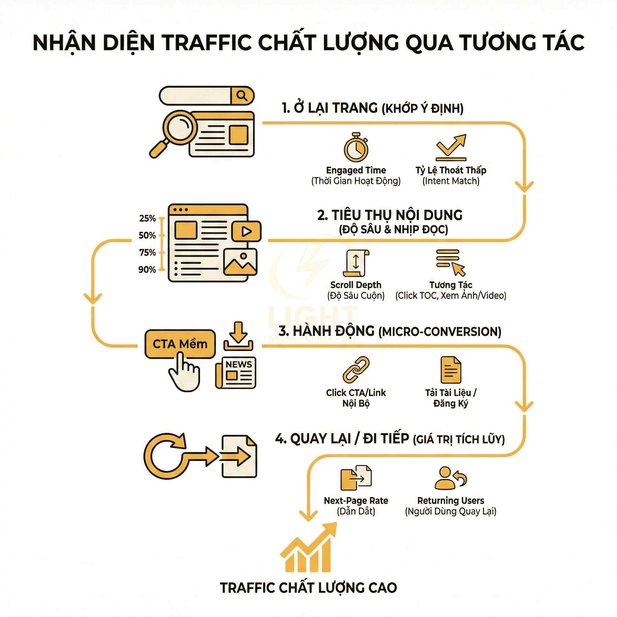 Sơ đồ các bước nhận diện traffic chất lượng qua tương tác: ở lại trang, tiêu thụ nội dung, hành động và quay lại tiếp tục