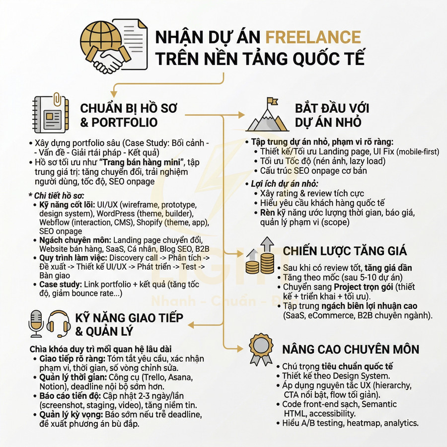 Infographic hướng dẫn nhận dự án freelance quốc tế với kỹ năng web, SEO, quy trình làm việc và chiến lược phát triển